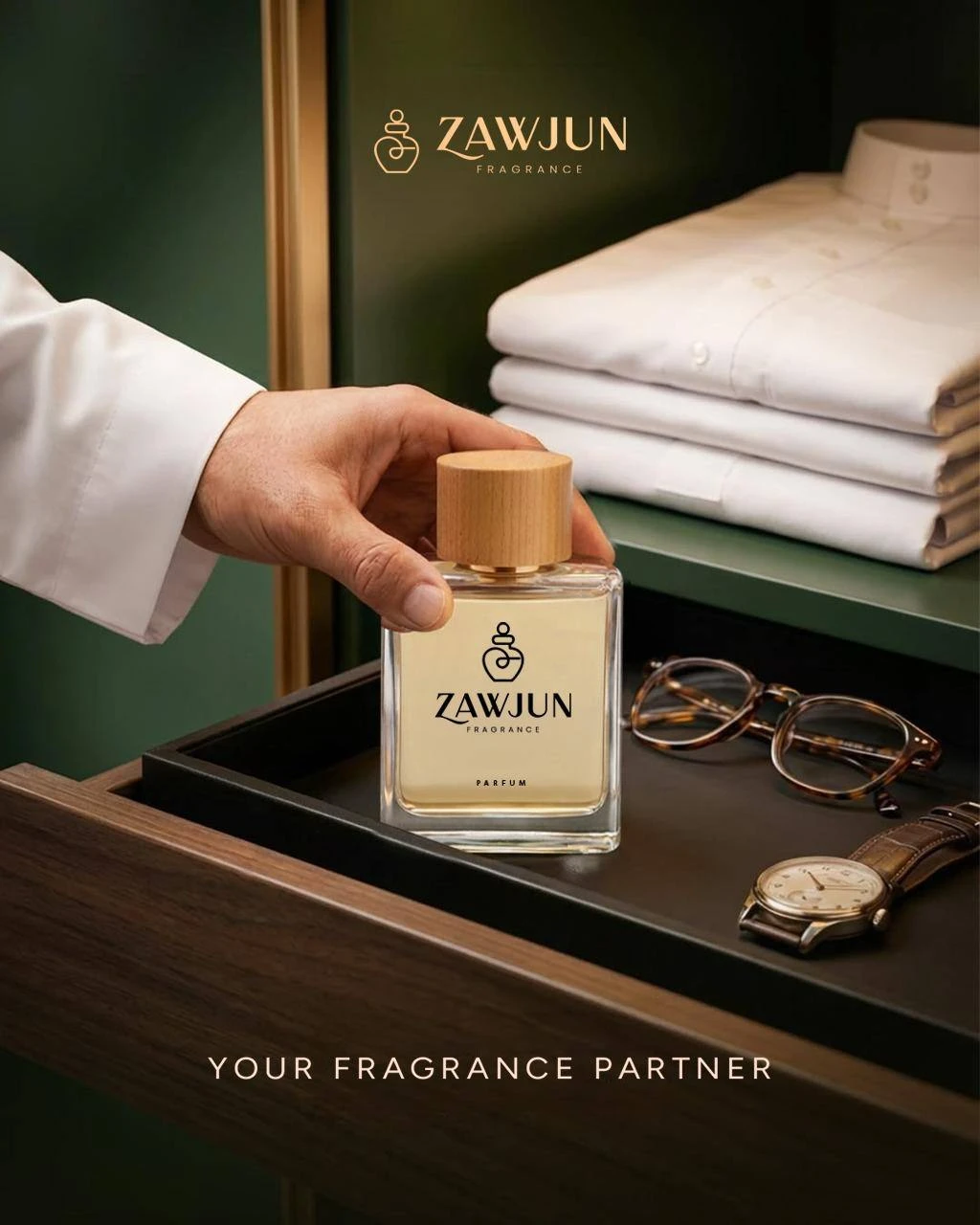 ZAWJUN clear-glass fragrance bottle with a wooden cap on a wardrobe tray
